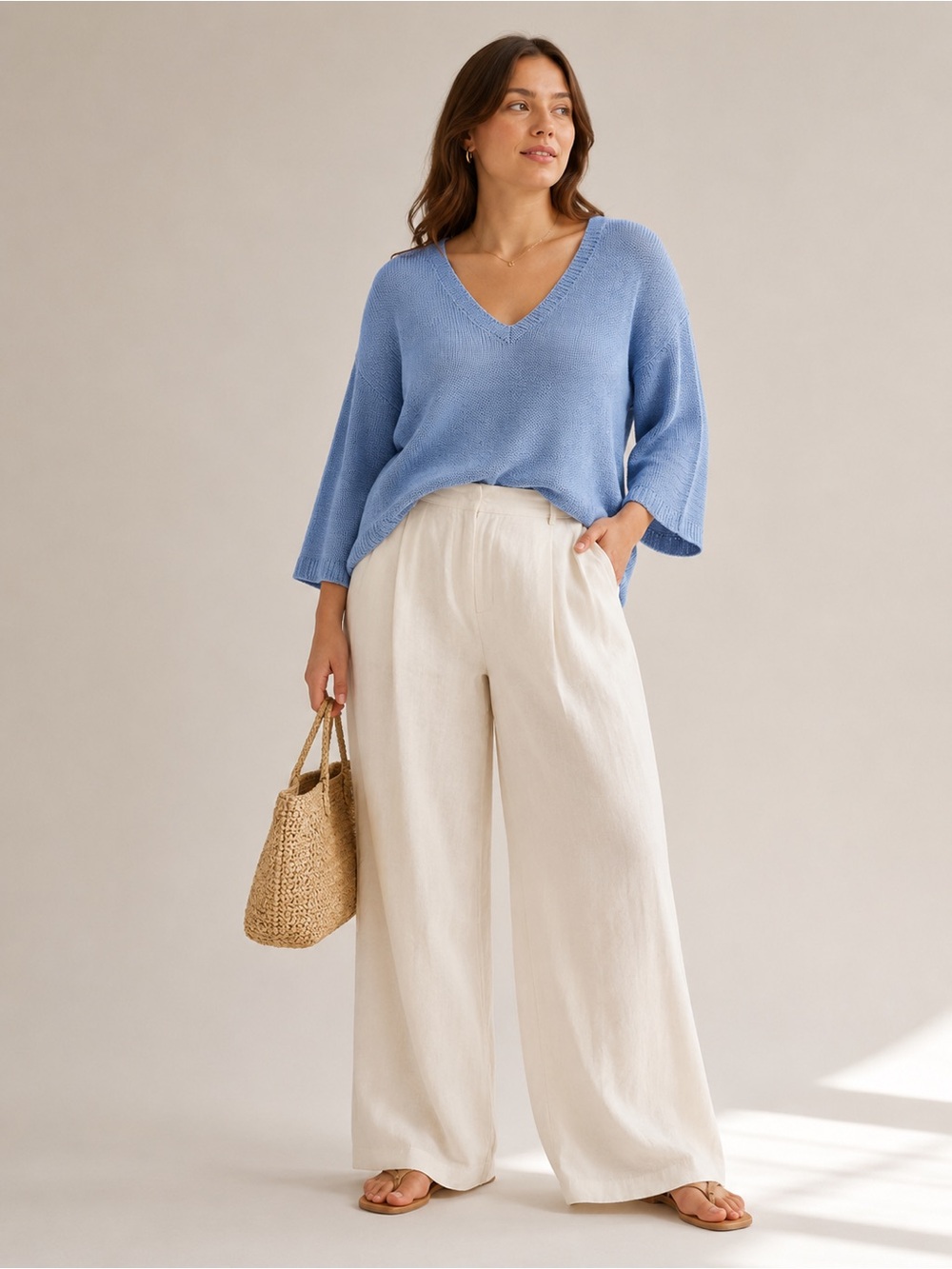 Elliott Lauren Chunky Knit Sweater L Blue V Neck Drop Shoulder Coastal Resort